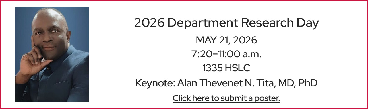 Banner advertising the May 21, 2026 Department Research Day event and opportunities to submit a poster for the event
